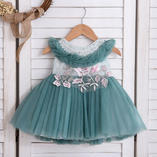 Stone and Lace work frilled party dress with headband for girls - Green