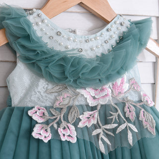 Stone and Lace work frilled party dress with headband for girls - Green