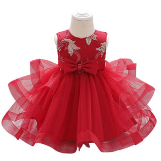 Babyqlo Frilled knee length sequins pattern red party dress