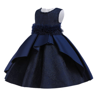 Blue dress with embellished pattern, frills and pearls for girls