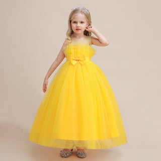 Yellow mesh party dress with front bow and ruffled hem