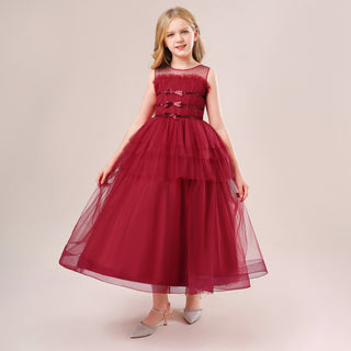 Babyqlo Frilled layered hem mesh long red party dress