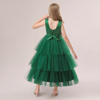 Babyqlo Elegant green layered mesh long party dress for girls