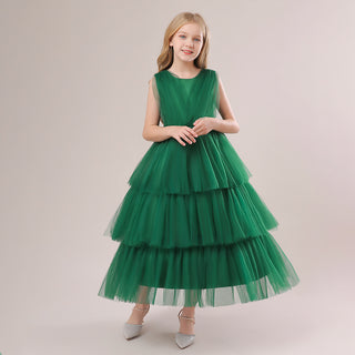Babyqlo Elegant green layered mesh long party dress for girls