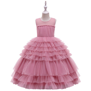 Layered mesh long pink party dress for girls