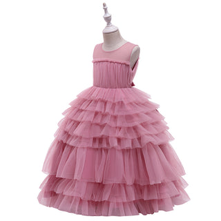 Layered mesh long pink party dress for girls