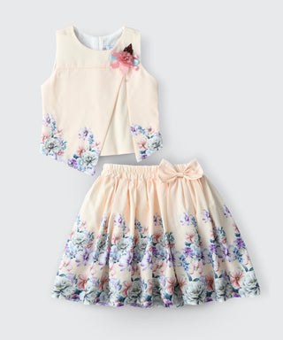 Printed stylish top with pleated skirt set for girls