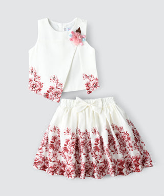 Printed stylish top with pleated skirt set for girls - white and red