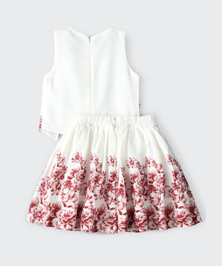 Printed stylish top with pleated skirt set for girls - white and red