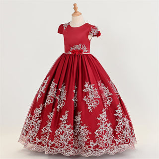 Mesh layered lace pattern long party dress for girls - Red