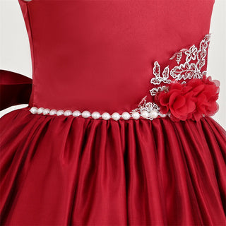 Mesh layered lace pattern long party dress for girls - Red