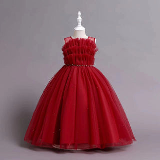 Layered mesh long pearl and stone pattern red party dress for girls