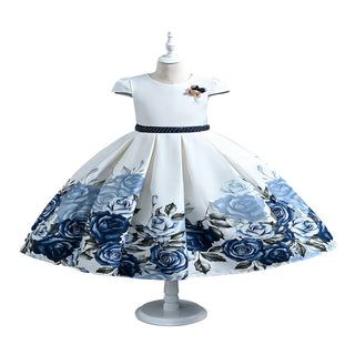 Blue roses printed party dress for elegant look for girls-www.mybabyqlo.com