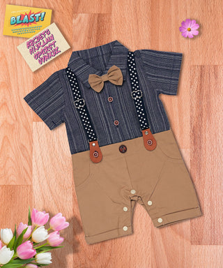 Stripes pattern collered front open romper with suspender and bow for baby boys-mybabyqlo.com