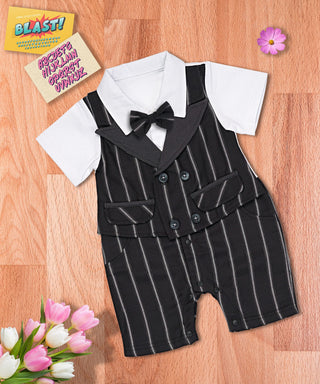 Gentlemen black and white stripe pattern romper with bow for little boys-mybabyqlo.com