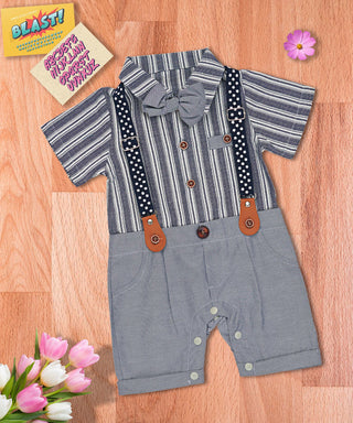 Grey romper with stripes pattern and bow for baby boys-mybabyqlo.com
