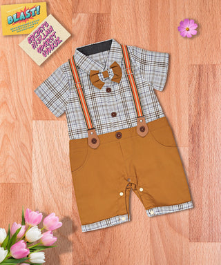 Checks pattern gentleman romper with bow and suspender for baby boys-mybabyqlo.com