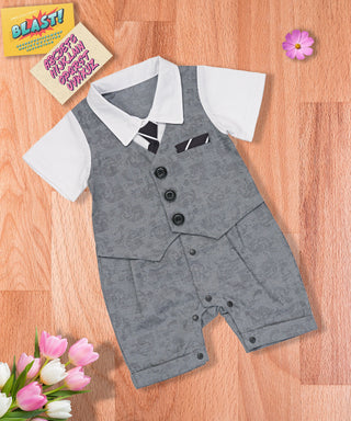Grey Tux style gentleman romper with tie set for little boy-mybabyqlo.com