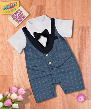 Tuxedo style blue gentleman romper with tie for baby boys-mybabyqlo.com