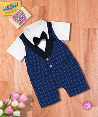 Tuxedo style checks pattern romper with bow for baby boys-mybabyqlo.com