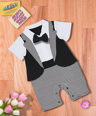 Black and white gentleman romper with bow for baby boys-mybabyqlo.com