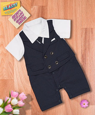 Tux style stripe pattern gentleman romper with bow tie for boys-mybabyqlo.com