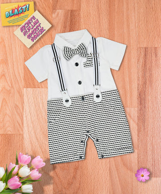 White and grey gentleman romper with bow and suspender for boys-mybabyqlo.com