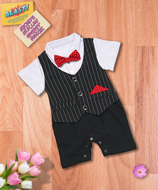White and black gentleman romper with red bow for baby boys-mybabyqlo.com