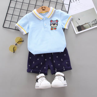 Cute Bear Printed T-shirt with short set for boys - Sky