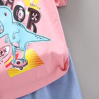 Roar Dino Printed T-shirt with short set for Girls - Pink