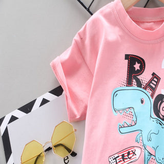 Roar Dino Printed T-shirt with short set for Girls - Pink
