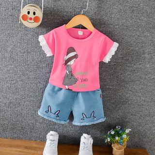 Girl Printed Tee with Blue denim Shorts set for Girls