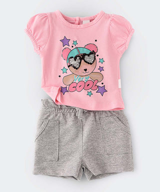Very cool bear with sequins glass tee with grey shorts set for girls-shopfils.com