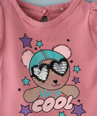 Very cool bear with sequins glass tee with grey shorts set for girls- peach