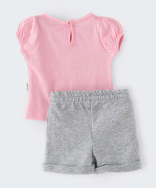 Love sequin quoted pink tee with solid grey shorts for girls