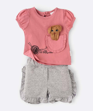 Cute stuffed fur dog  tee with flared shorts for girls-shopfils.com