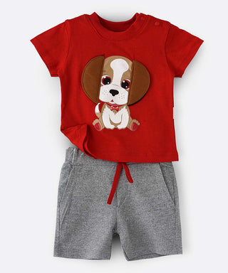 Dog printed red t-shirt with stufferd ears and grey shorts for baby boys-shopfils.com
