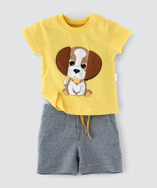 Dog printed yellow t-shirt with stufferd ears and grey shorts for baby boys-shopfils.com