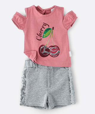 Cherries printed sequin pattern peach t-shirt with grey sequin shorts set for girls