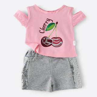 Cherries printed sequin pattern peach t-shirt with grey sequin shorts set for girls-shopfils.com