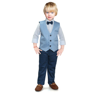 Gentleman 4 piece Kids Boys solid pattern Tank Shirt Pant waist coat with bow tie set