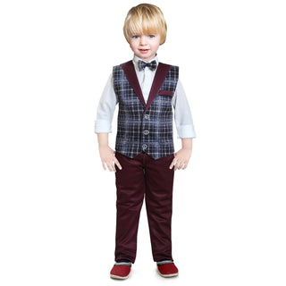 Formal Suits long sleeve shirts with checks waistcoat pants with bow tie 4 pieces child tuxedos outfits