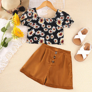 Flower printed crop top with solid short set for girls-mybabyqlo.com