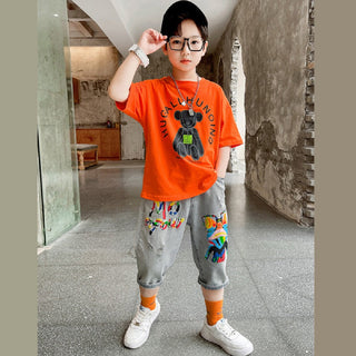 Printed orange t-shirt with denim shorts set for boys 