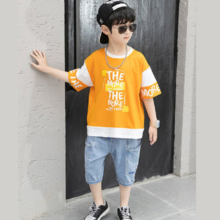 Quote printed t-shirt with denim short set for boys 
