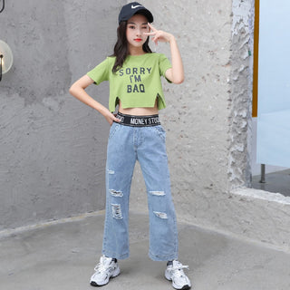 Olive green crop top with full length pant set for girls-mybabyqlo.com