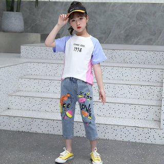 Multicolor top with printed denim cepri pant set for girls-mybabyqlo.com