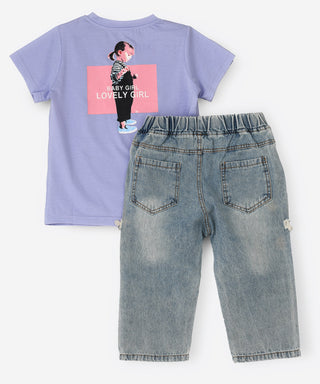 Purple short sleeve top with cepri length denim pant set for girls
