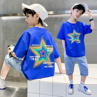 Star printed blue t-shirt with denim shorts set for boys 