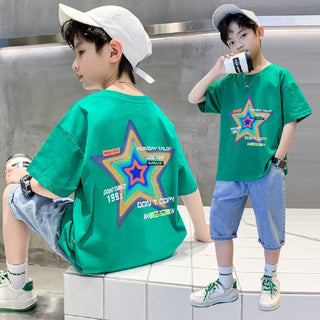 Green t-shirt with star printed and denim short set for boys 
